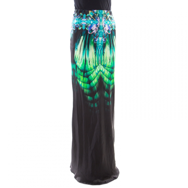 Pre Owned Roberto Cavalli Black Fluorite Crystal Printed Silk Maxi Skirt S