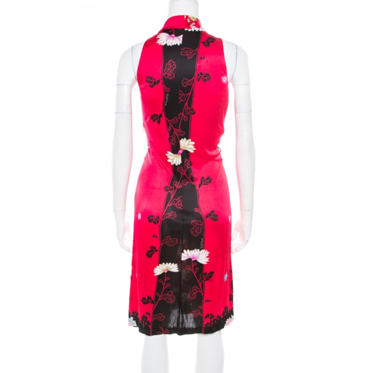 Pre Owned Roberto Cavalli Raspberry Pink Flower Printed Stretch Knit Sleeveless Dress S