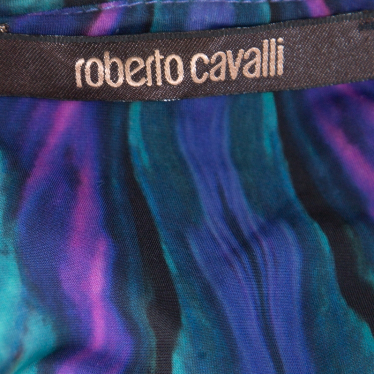 مملوكة مسبقًا Roberto Cavalli Multicolor Printed Knit Snake Brooch Detail Ruched Top L