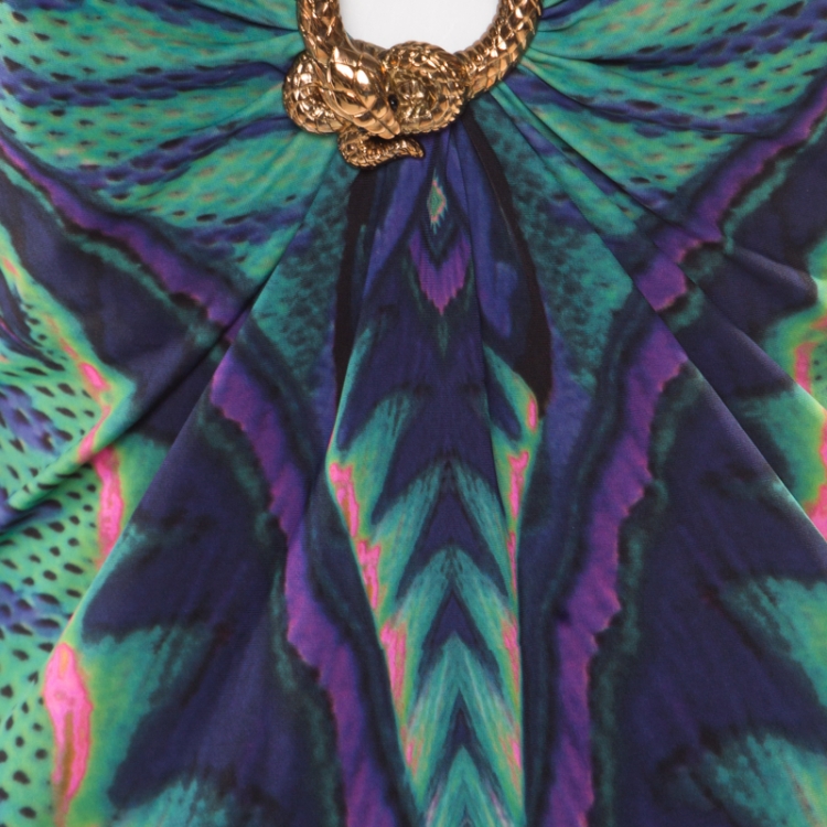 مملوكة مسبقًا Roberto Cavalli Multicolor Printed Knit Snake Brooch Detail Ruched Top L