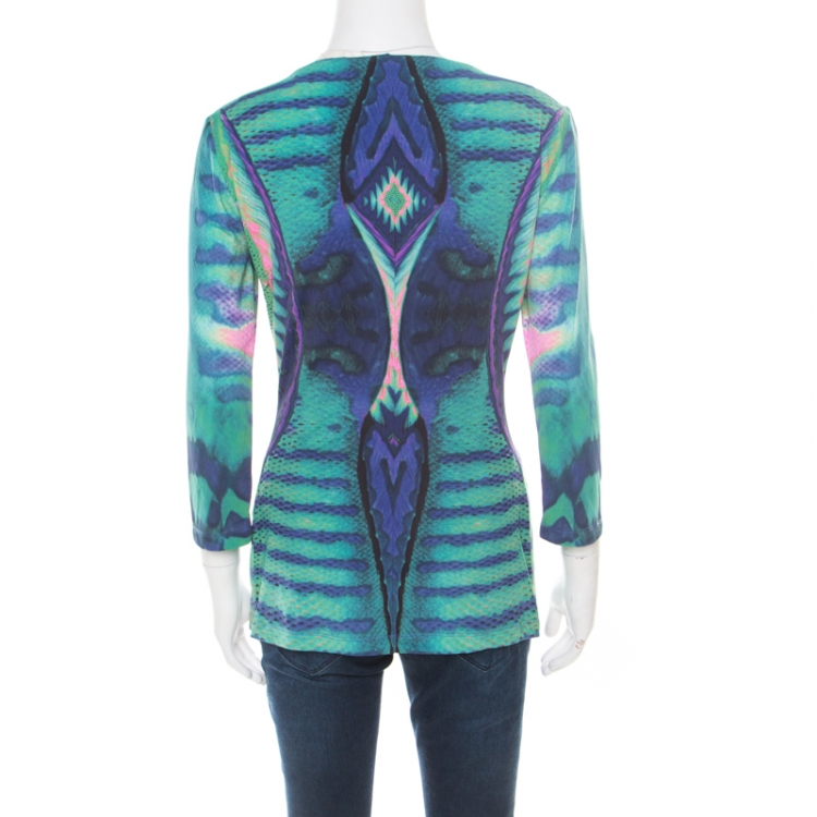 مملوكة مسبقًا Roberto Cavalli Multicolor Printed Knit Snake Brooch Detail Ruched Top L