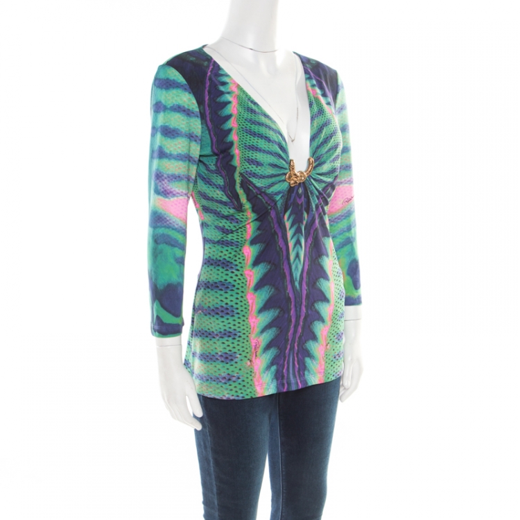 مملوكة مسبقًا Roberto Cavalli Multicolor Printed Knit Snake Brooch Detail Ruched Top L