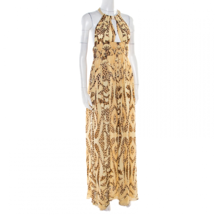 Pre Owned Roberto Cavalli Beige Animal Printed Silk Plunge Neck Cutout Back Dress S