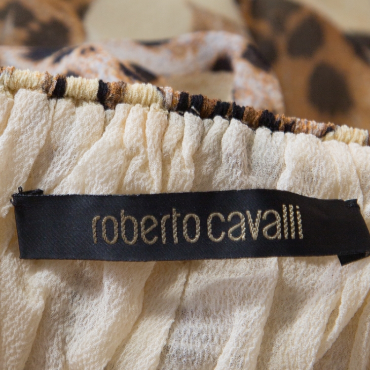 Pre Owned Roberto Cavalli Beige Animal Printed Silk Plunge Neck Cutout Back Dress S