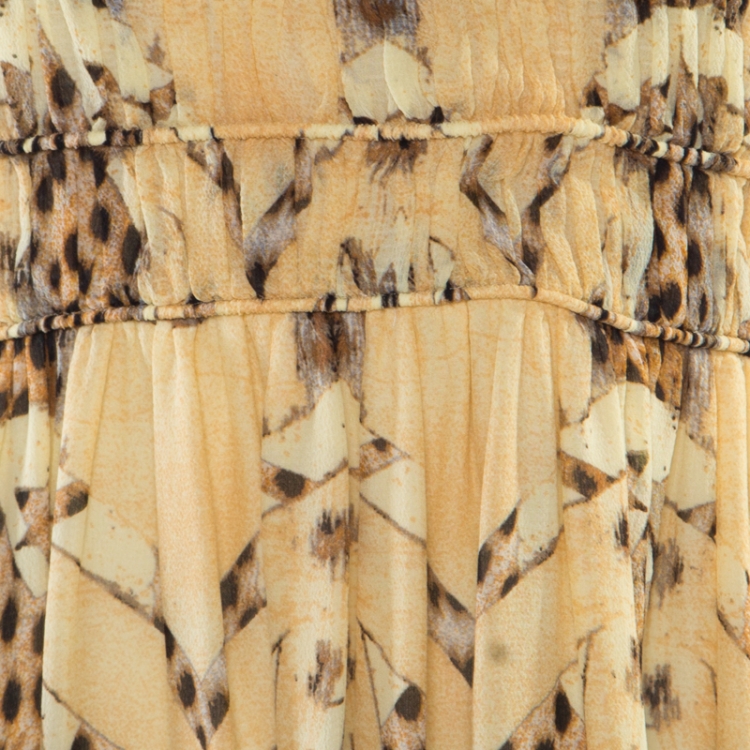 Pre Owned Roberto Cavalli Beige Animal Printed Silk Plunge Neck Cutout Back Dress S