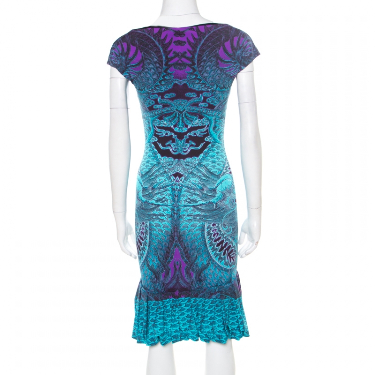 Pre Owned Roberto Cavalli Multicolor Printed Boat Neck Flounce Dress S