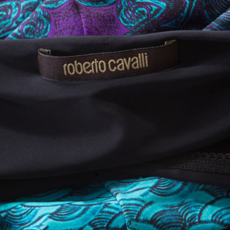 Pre Owned Roberto Cavalli Multicolor Printed Boat Neck Flounce Dress S