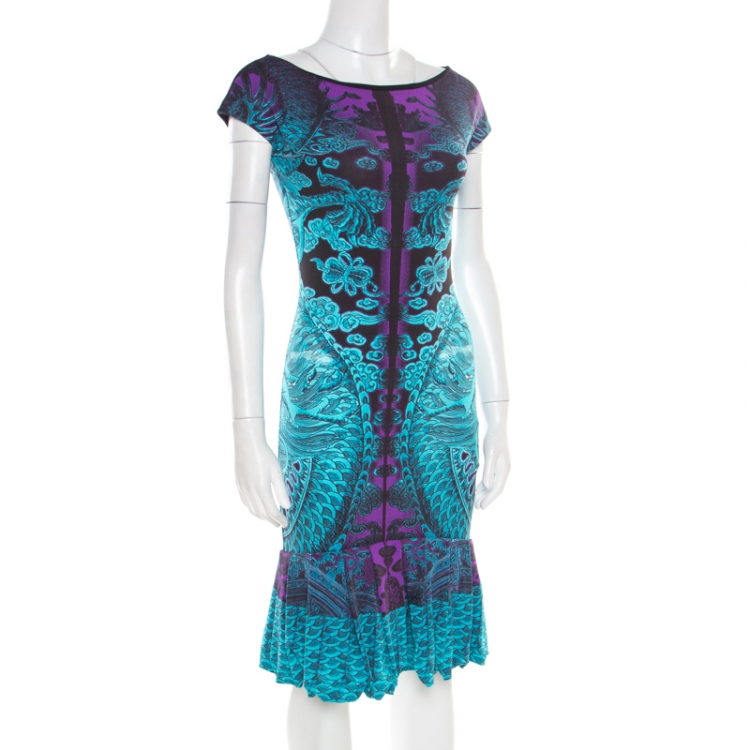 Pre Owned Roberto Cavalli Multicolor Printed Boat Neck Flounce Dress S