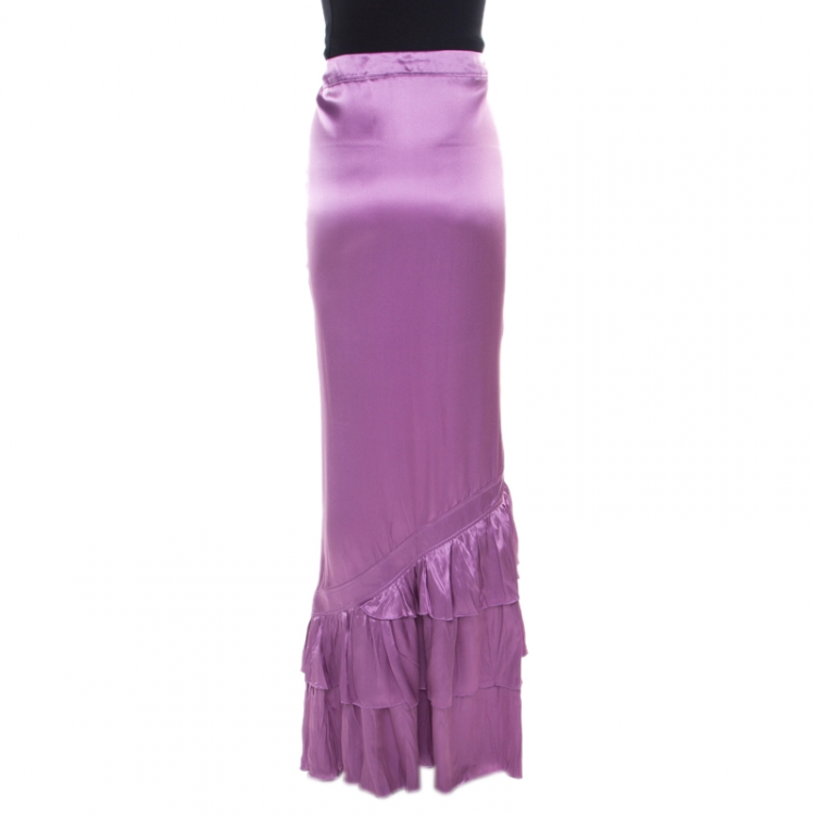 Pre Owned Roberto Cavalli Lavender Satin Silk Ruffled Bottom Maxi Skirt M