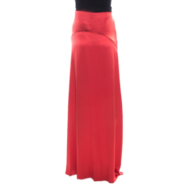 Pre Owned Roberto Cavalli Red Satin Silk Maxi Skirt M