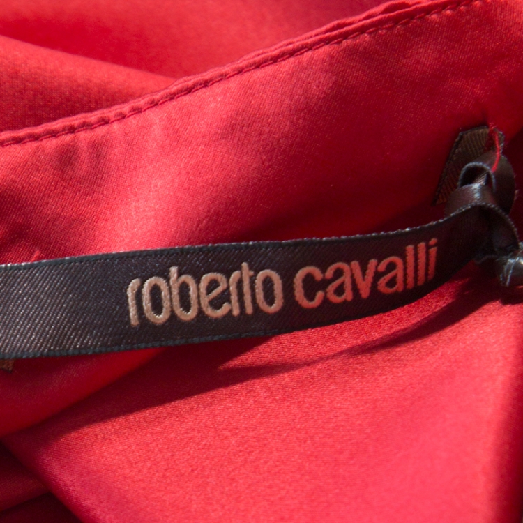 Pre Owned Roberto Cavalli Red Satin Silk Maxi Skirt M