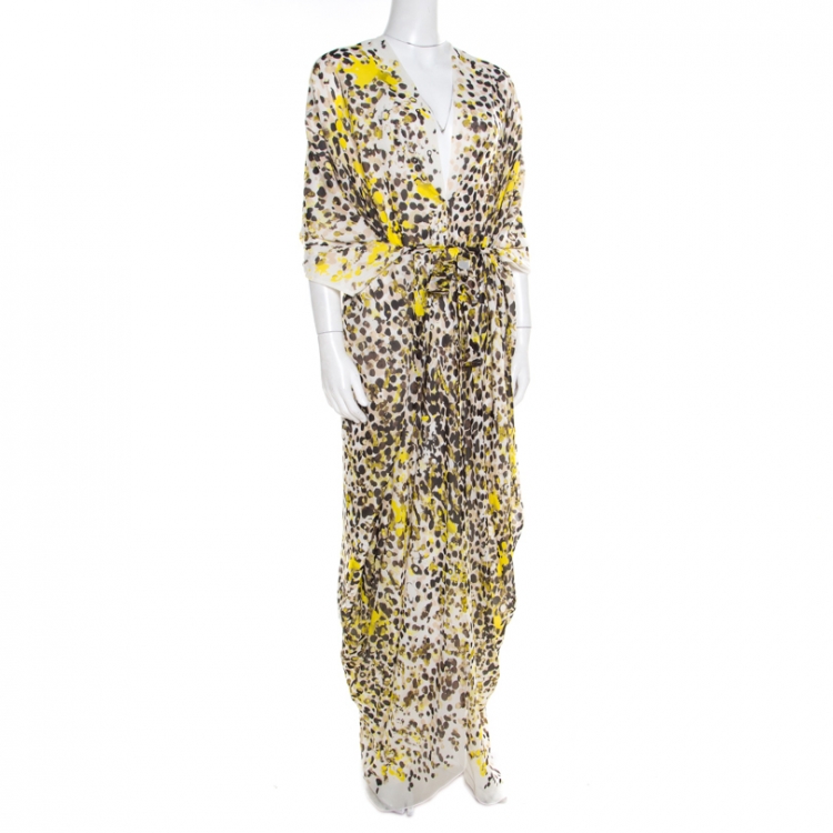 Pre Owned Roberto Cavalli Off White Splatter Printed Silk Belted High Low Kaftan S