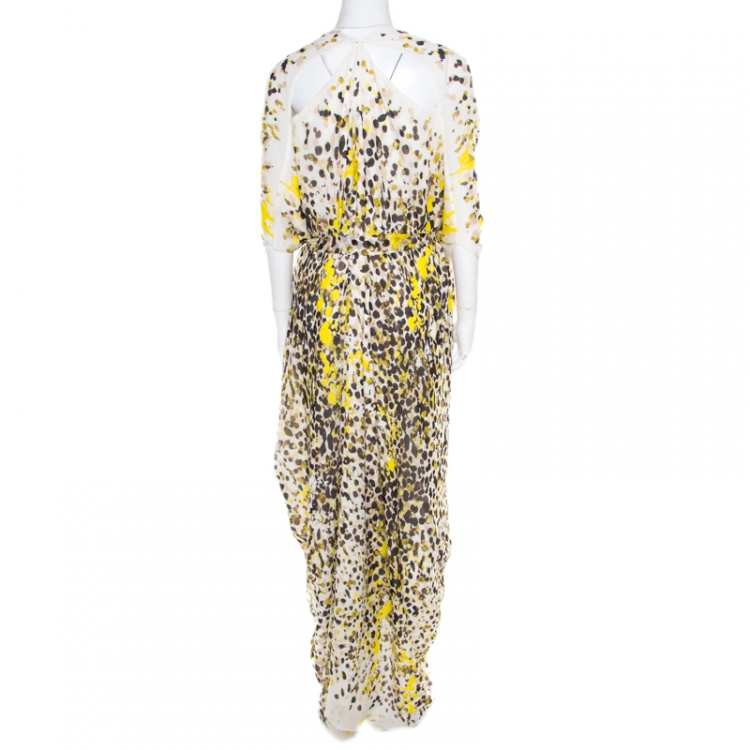 Pre Owned Roberto Cavalli Off White Splatter Printed Silk Belted High Low Kaftan S