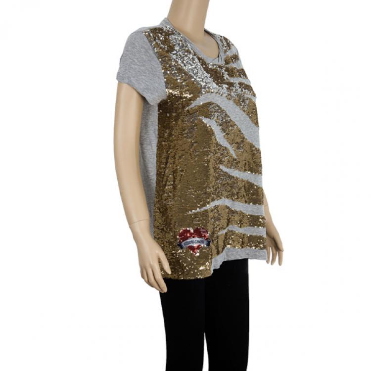 Pre Owned Roberto Cavalli Sequin Short Sleeve Top M