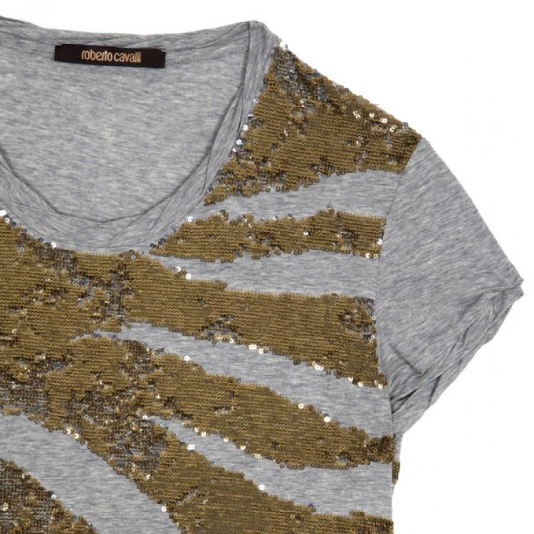 Pre Owned Roberto Cavalli Sequin Short Sleeve Top M