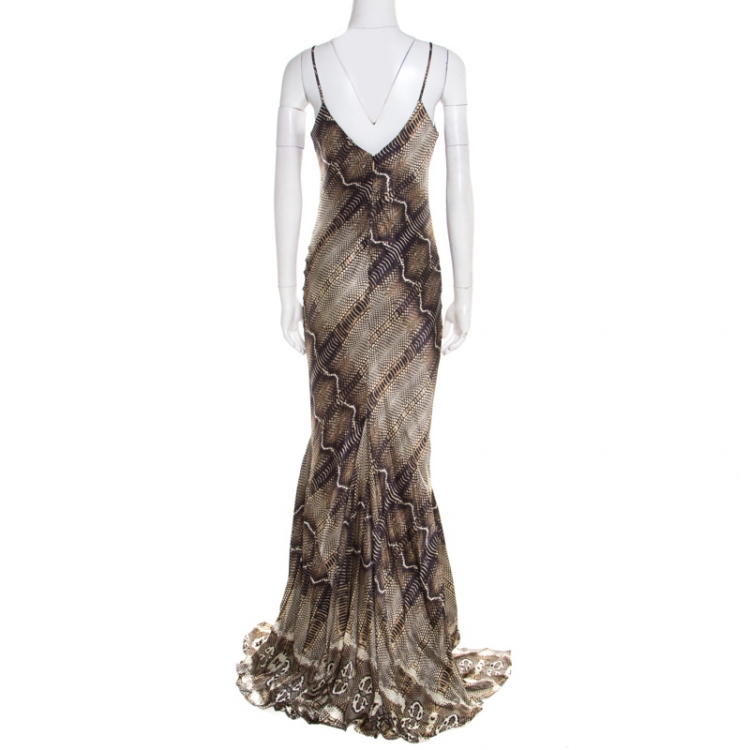 مملوكة مسبقًا Roberto Cavalli Animal Printed Satin Flared Handkerchief Hem Maxi Dress M