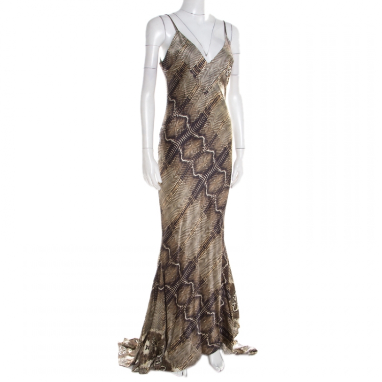 مملوكة مسبقًا Roberto Cavalli Animal Printed Satin Flared Handkerchief Hem Maxi Dress M