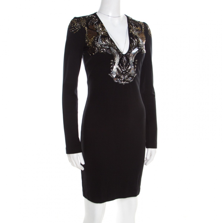 Pre Owned Roberto Cavalli Black Stretch Knit Embellished Plunge Neck Sheath Dress S