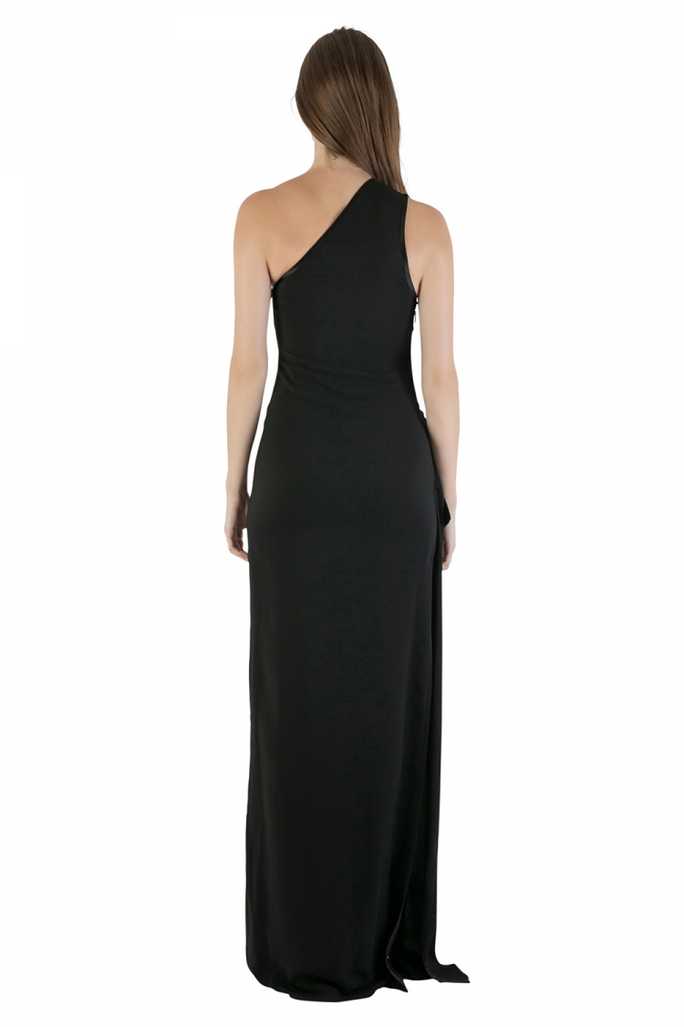مملوكة مسبقًا Roberto Cavalli Black Crepe Stretch Sheer Trim Draped One Shoulder Gown S