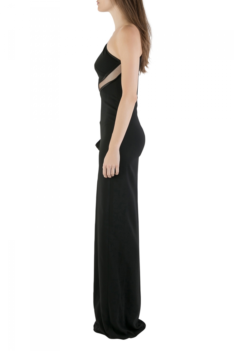 مملوكة مسبقًا Roberto Cavalli Black Crepe Stretch Sheer Trim Draped One Shoulder Gown S