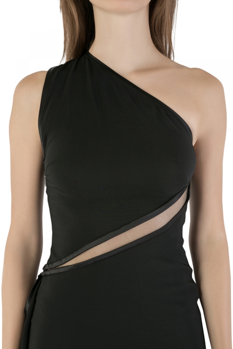 مملوكة مسبقًا Roberto Cavalli Black Crepe Stretch Sheer Trim Draped One Shoulder Gown S