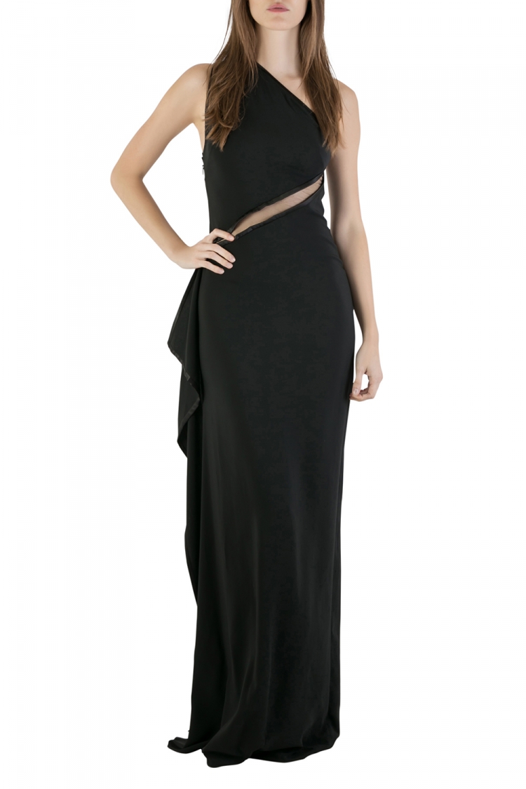 مملوكة مسبقًا Roberto Cavalli Black Crepe Stretch Sheer Trim Draped One Shoulder Gown S