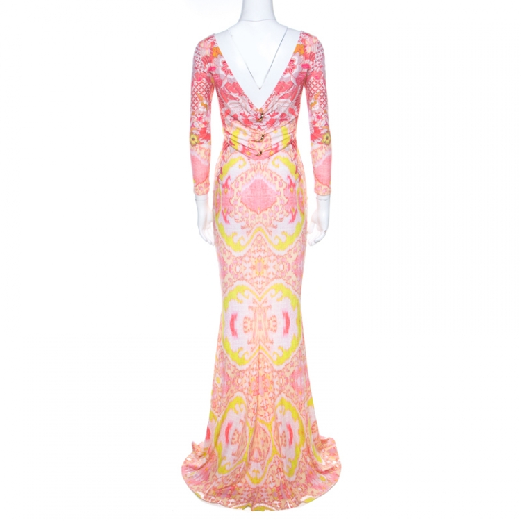 Pre Owned Roberto Cavalli Pink and Yellow Floral Print Ruched Bodice Maxi Dress S