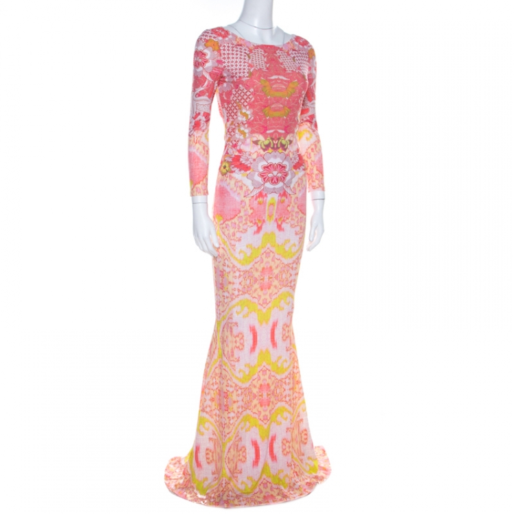 Pre Owned Roberto Cavalli Pink and Yellow Floral Print Ruched Bodice Maxi Dress S