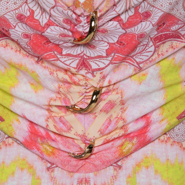 Pre Owned Roberto Cavalli Pink and Yellow Floral Print Ruched Bodice Maxi Dress S