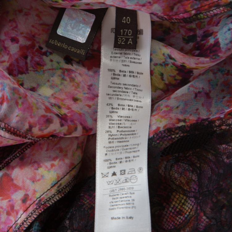 Pre Owned Roberto Cavalli Pink and Black Floral Sheer Silk Lace Trim Sleeveless Shift Dress S
