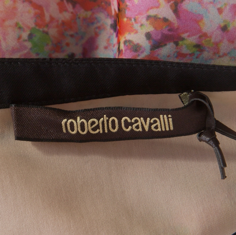 Pre Owned Roberto Cavalli Pink and Black Floral Sheer Silk Lace Trim Sleeveless Shift Dress S