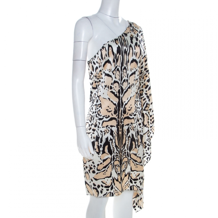 Pre Owned Roberto Cavalli Multicolor Silk Animal Print One Shoulder Asymmetrical Dress L 