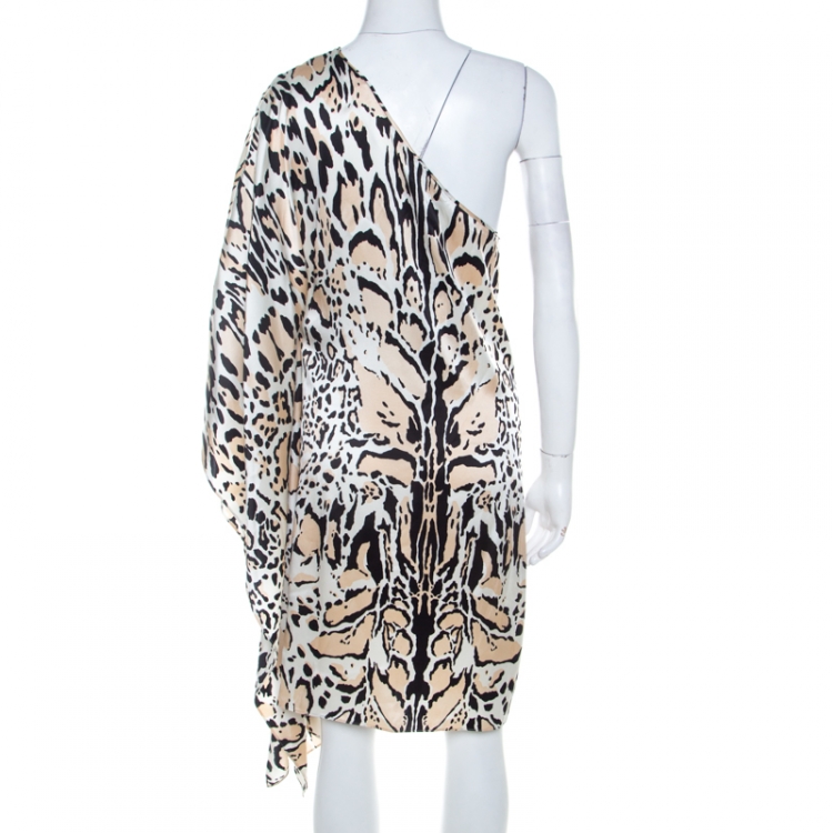 Pre Owned Roberto Cavalli Multicolor Silk Animal Print One Shoulder Asymmetrical Dress L 