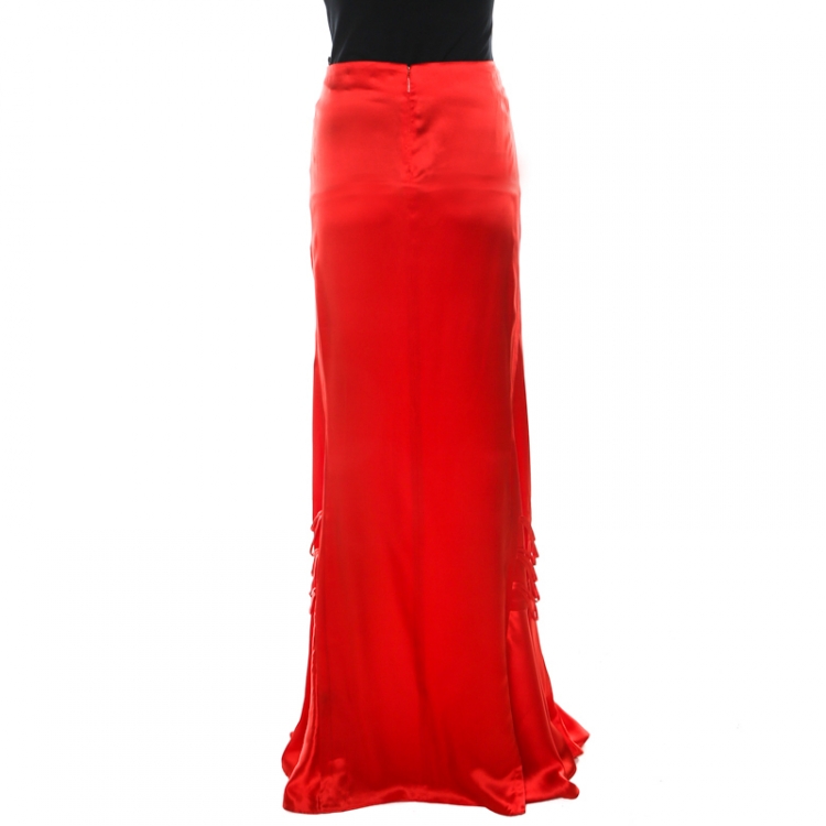 Pre Owned Roberto Cavalli Red Silk Satin Flared Maxi Skirt S