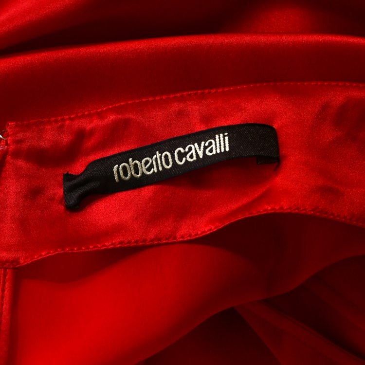 Pre Owned Roberto Cavalli Red Silk Satin Flared Maxi Skirt S