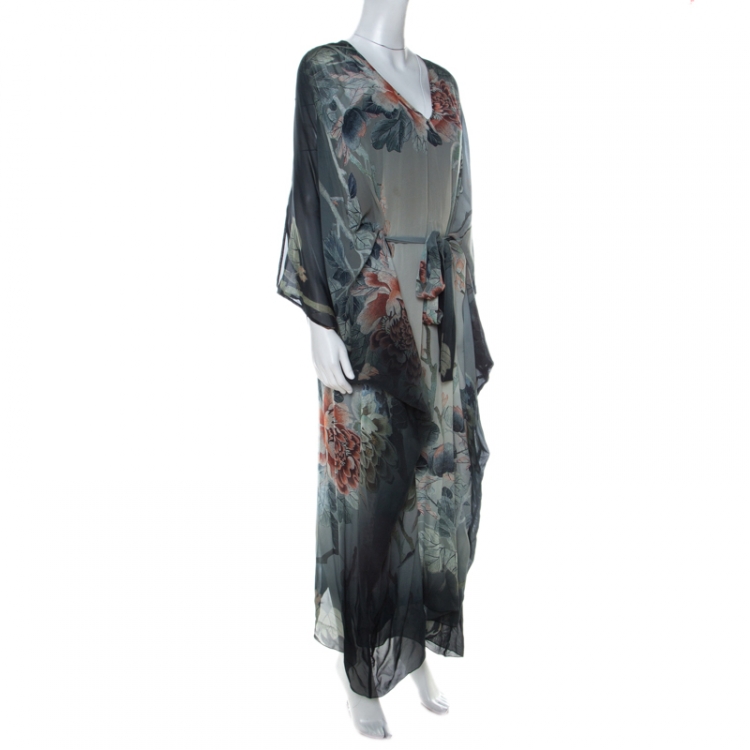 Pre Owned Roberto Cavalli Multicolor Floral Print Dégradé Silk Maxi Kaftan S