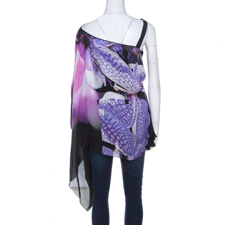 مملوكة مسبقًا Roberto Cavalli Multicolor Abstract Printed Silk Asymmetrical Top M 