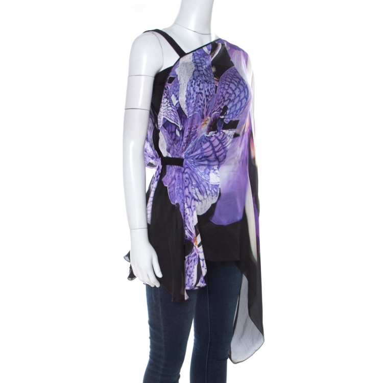 مملوكة مسبقًا Roberto Cavalli Multicolor Abstract Printed Silk Asymmetrical Top M 