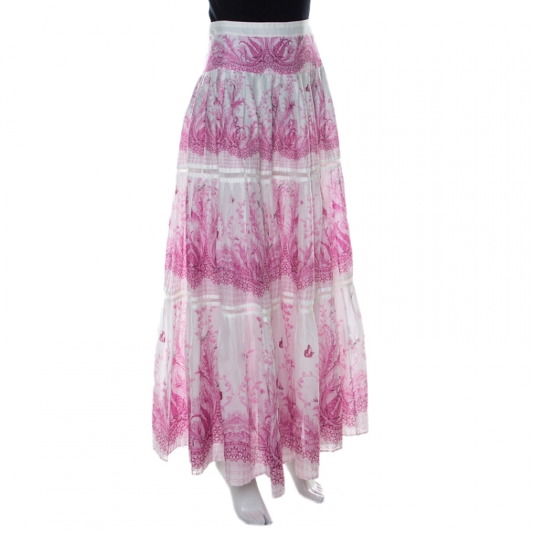 Pre Owned Roberto Cavalli Pink & White Floral Printed Tiered Maxi Skirt M