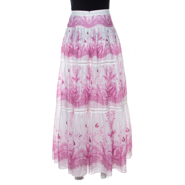 Pre Owned Roberto Cavalli Pink & White Floral Printed Tiered Maxi Skirt M