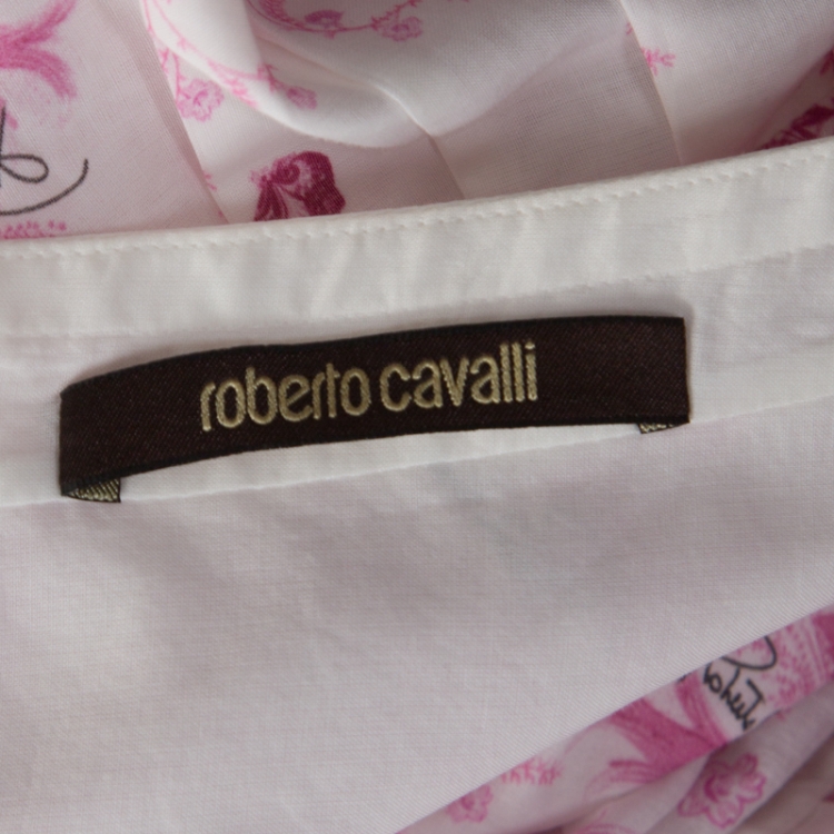 Pre Owned Roberto Cavalli Pink & White Floral Printed Tiered Maxi Skirt M