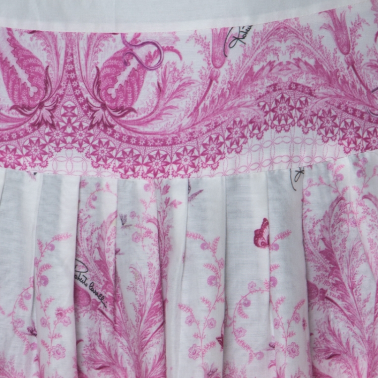 Pre Owned Roberto Cavalli Pink & White Floral Printed Tiered Maxi Skirt M