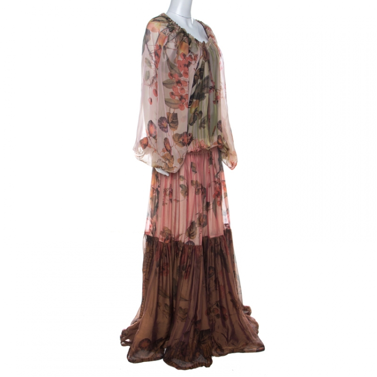 Pre Owned Roberto Cavalli Multicolor Flower and Fruit Print Silk Tiered Maxi Dress M