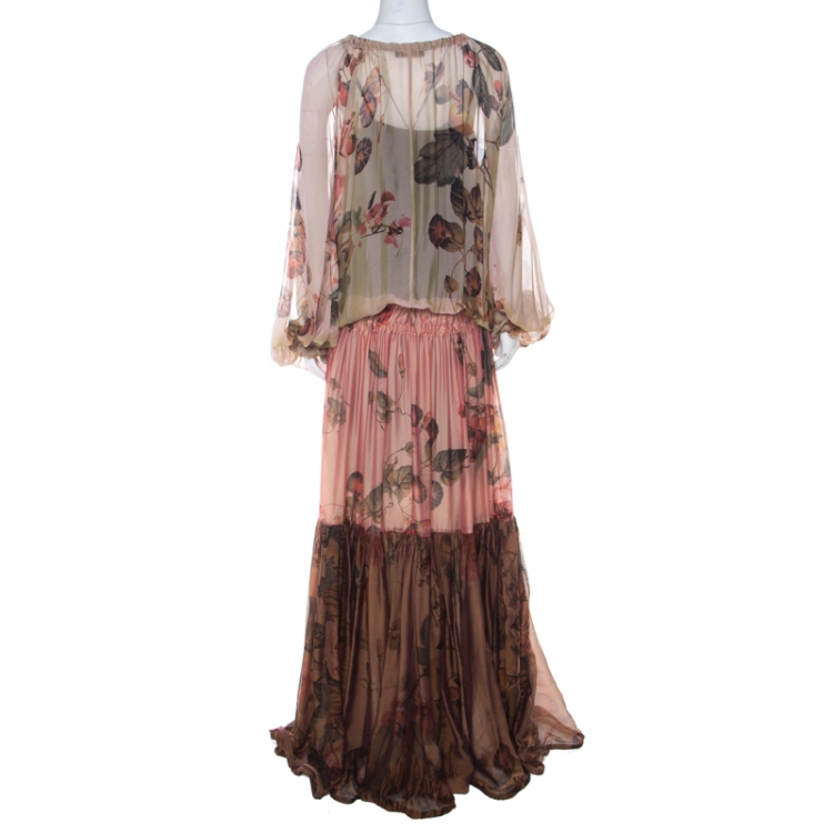 Pre Owned Roberto Cavalli Multicolor Flower and Fruit Print Silk Tiered Maxi Dress M