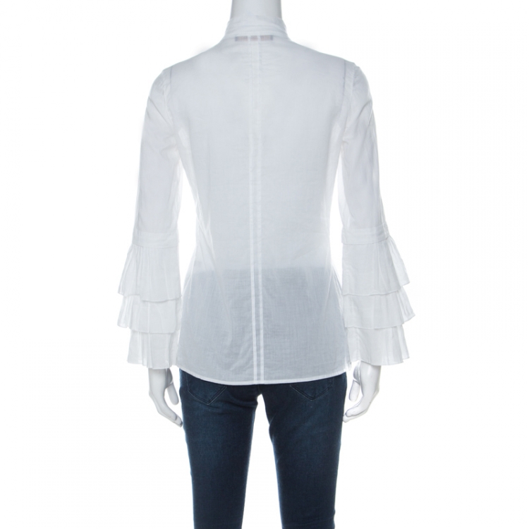 Pre Owned Roberto Cavalli White Cotton Ruffle Sleeve Detail Blouse S 