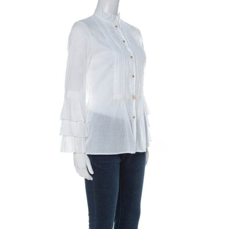 Pre Owned Roberto Cavalli White Cotton Ruffle Sleeve Detail Blouse S 