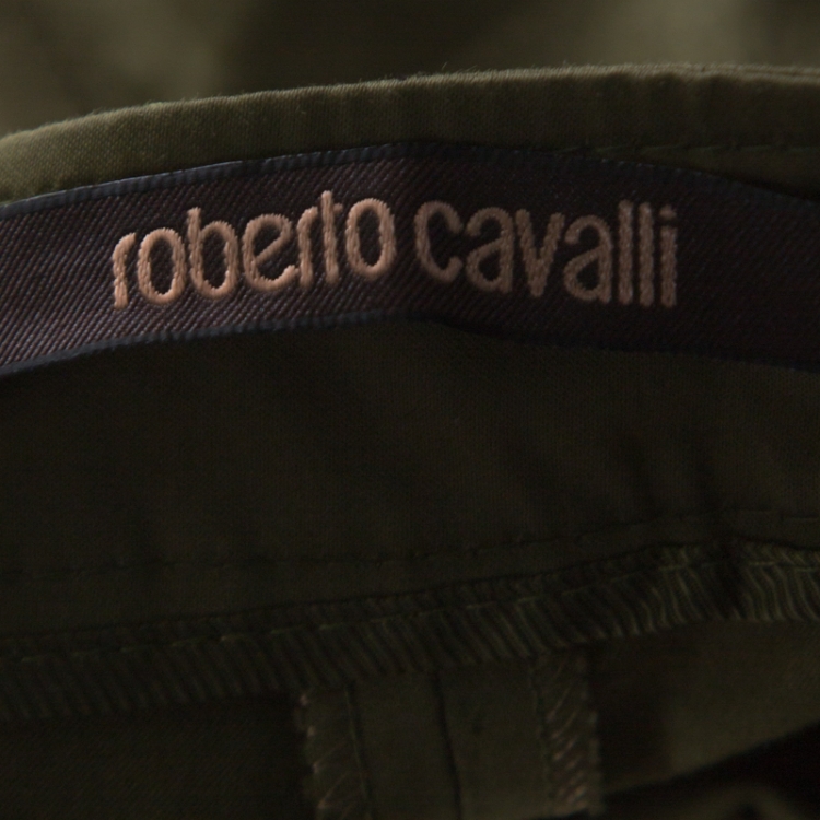 Pre Owned Roberto Cavalli Olive Green Stretch Cotton Zipper Detail Tapered Pants M 