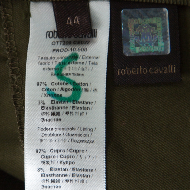 Pre Owned Roberto Cavalli Olive Green Stretch Cotton Zipper Detail Tapered Pants M 