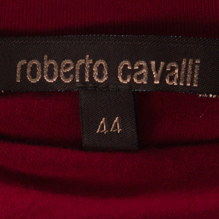 Pre Owned Roberto Cavalli Red Jersey Love Cavalli Club Metallic Print T Shirt M 