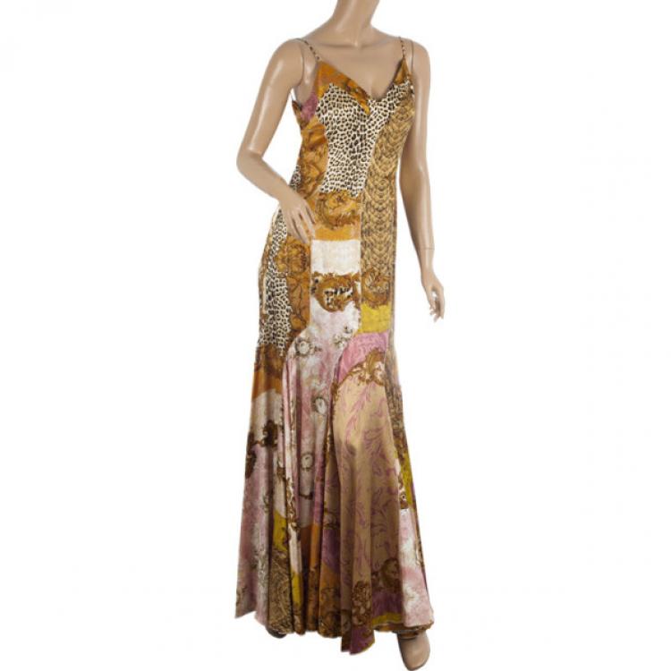 Pre Owned Roberto Cavalli Printed Silk Maxi Cocktail Dress XL